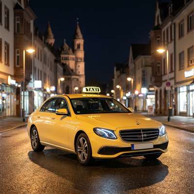 Taxi Nachtdienst in Worms - Beleuchtetes TAXI-Schild bei Nacht - Rund um die Uhr verfügbar